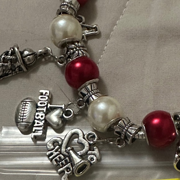 Handmade – NWOT – 925 SS plated charm bracelet, red & white beads, sports charms - Picture 13 of 14